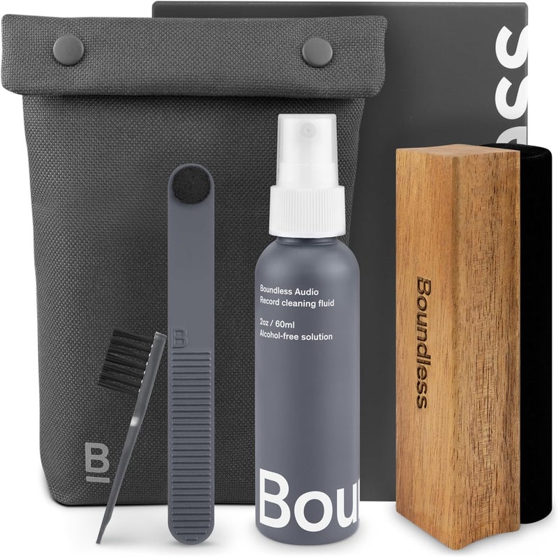 Boundless Audio Vinyl Record Cleaning Kit - 5-in-1 Vinyl Cleaning Kit Includes Velvet Record Brush, Stylus Cleaner, Cleaner Solution, Nylon Brush & Storage Bag - Image 1